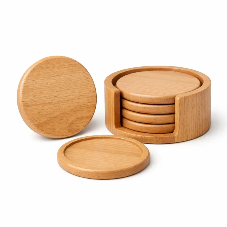 A round beech wood coaster set featuring a natural finish, smooth rounded edges, and discreet logo engraving on the underside. Ideal for protecting furniture surfaces.