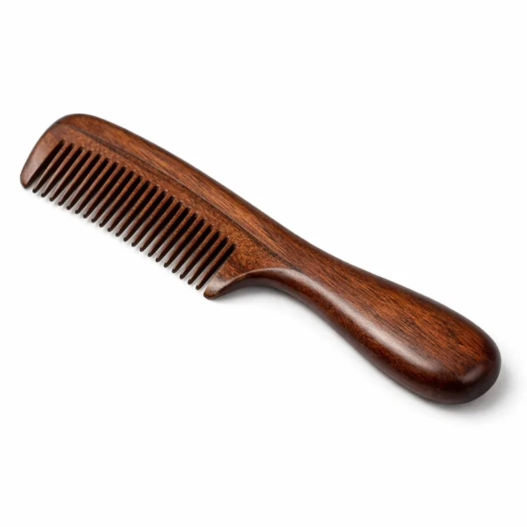 A carbonized beech wood comb featuring an ergonomic handle and rounded edge profile, creating a rich dark tone and smooth feel. Perfect for a sophisticated and modern look.