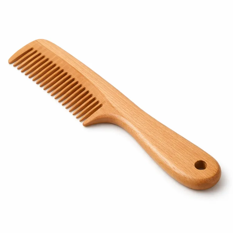 Beech wood comb finished with matte oil, featuring beveled edges and a small precision hanging hole at the end of the handle for convenient storage.