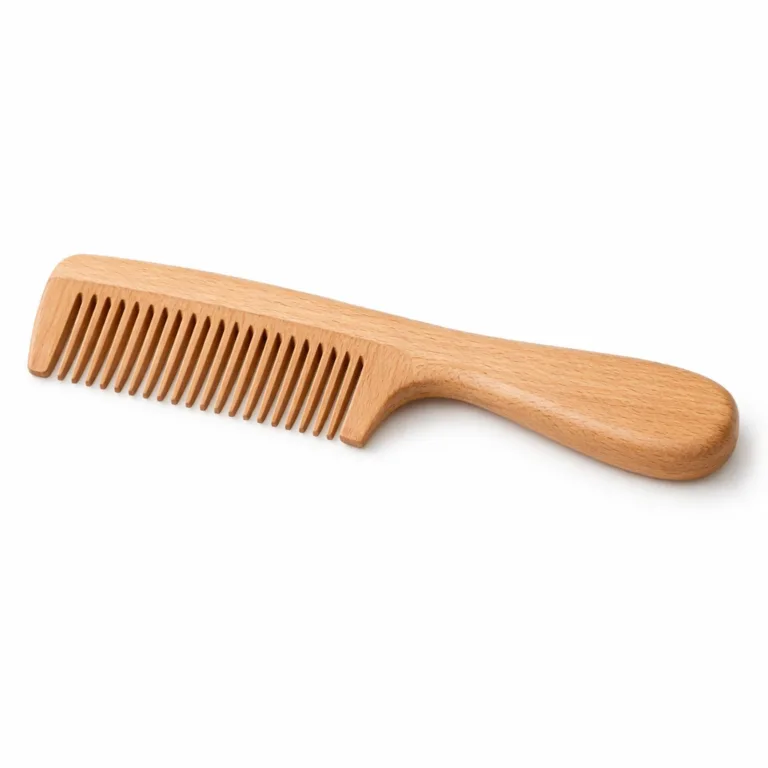 A naturally finished beech wooden comb featuring a simple ergonomic handle and smoothly sanded body. The design highlights straight edges and understated elegance, ideal for clean presentation.