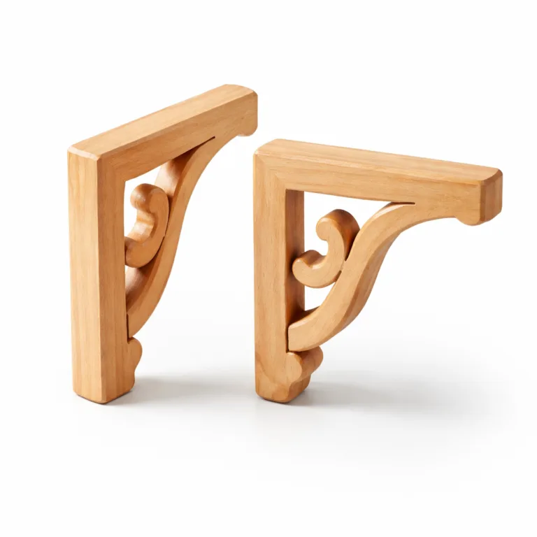 A single L-shaped decorative wooden corner bracket crafted from beech wood, featuring a natural finish and smoothly rounded edges. Ideal accent for furniture corners and shelving.