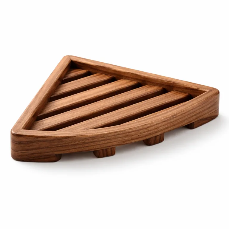 A carbonized beech wood corner soap dish with a slatted design and stylish beveled edge profile. The deep tone carbonization enhances durability and visual appeal, perfect for modern bathrooms.