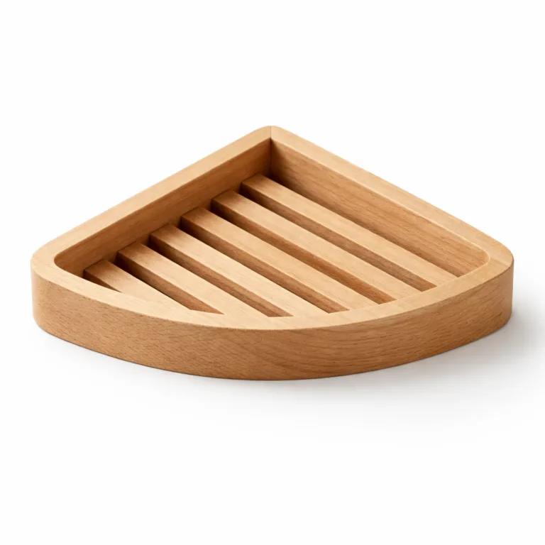 A wooden corner soap dish made from beech wood, featuring a natural finish and gently rounded edges for a smooth grasp. The slatted design aids drainage while fitting perfectly into bathroom corners.