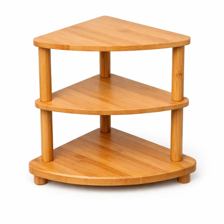 A 3-tier triangular bamboo corner storage stand featuring a smooth natural finish and gently rounded shelf edges. Includes a subtle, non-intrusive logo engraving on the lower edge. Ideal for modern storage solutions.