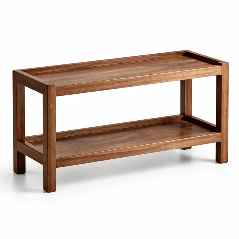 A premium wooden countertop rack crafted from carbonized acacia wood, featuring a two-tier open shelf design and refined beveled edges for a modern and sophisticated look.