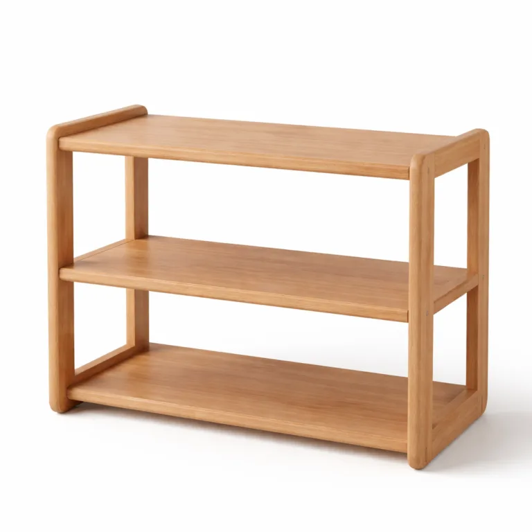 A wooden countertop storage rack made from natural beech wood, featuring a matte-oiled finish and elegantly rounded edges. Two spacious open shelves provide practical organization for kitchen or countertop use.