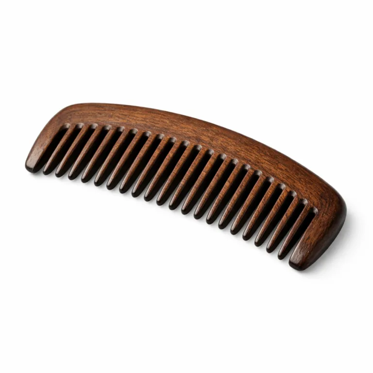 A Wooden Curved Hair Comb in beech wood, treated with a carbonized finish for a rich dark brown appearance and featuring precise beveled edges. Displayed on a high-clarity white studio background for e-commerce.