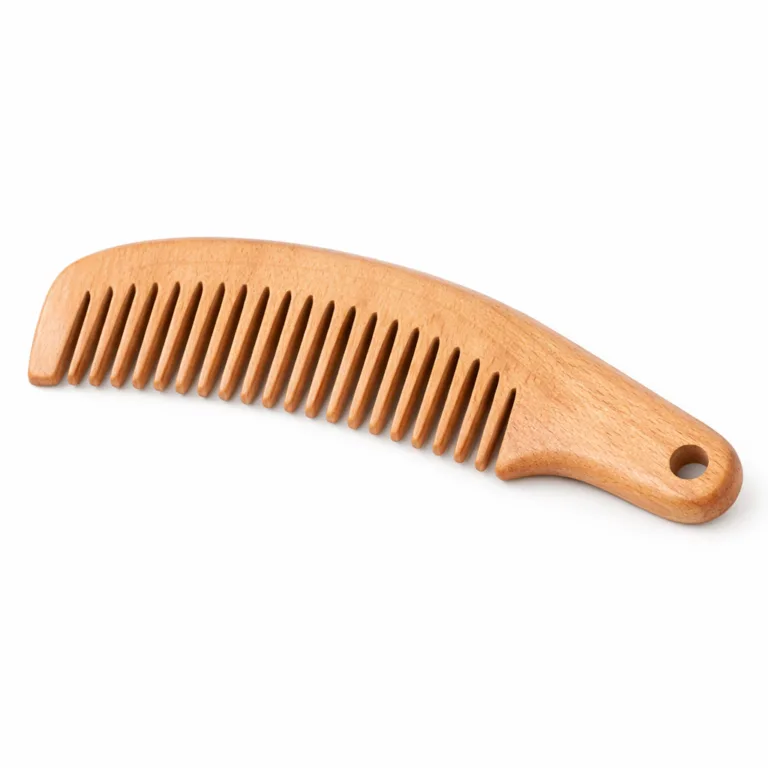 Beech wood curved hair comb finished with a matte oil, featuring an integrated hanging hole at the comb's end for convenient storage. Photographed on a white background, optimized for digital storefronts.