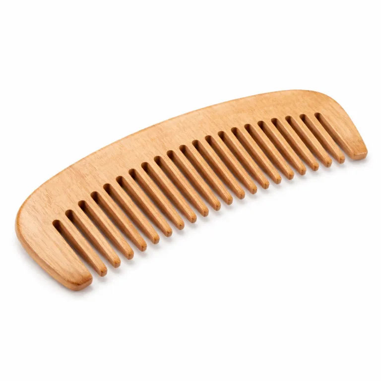 A Wooden Curved Hair Comb crafted from beech wood, featuring a natural finish that highlights the wood grain and rounded edges for comfort. Single product displayed on a white background, ideal for e-commerce use.