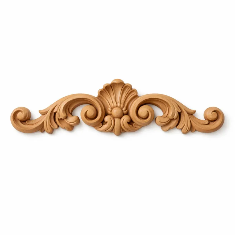 A beech wood decorative appliqué trim featuring a scroll motif, finished in matte oil for a subtle look with a smoothly rounded edge profile, perfect for understated furniture embellishments.