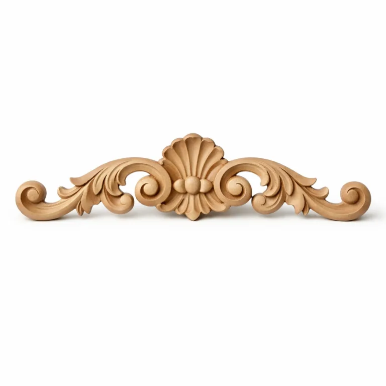 A single decorative wooden appliqué trim carved from beech wood, featuring a scroll motif in a classic style with a smooth, natural wood finish. Ideal for accenting furniture pieces.