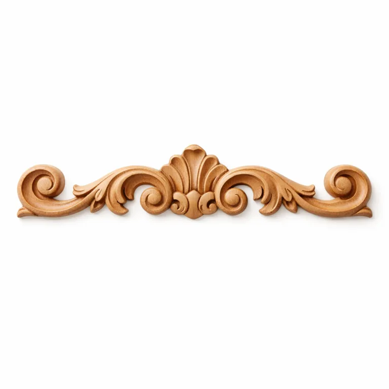 A wooden appliqué trim displaying an elegant scroll motif, crafted in beech wood with a high-polish surface and distinct beveled edges for enhanced dimensional detail.