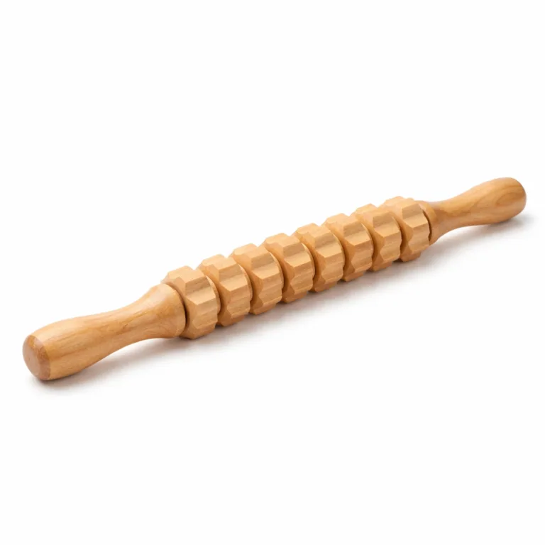 Wooden Deep Tissue Roller featuring precisely beveled edges on the roller part for a refined look and tactile comfort. Made from premium beech with contoured handles.