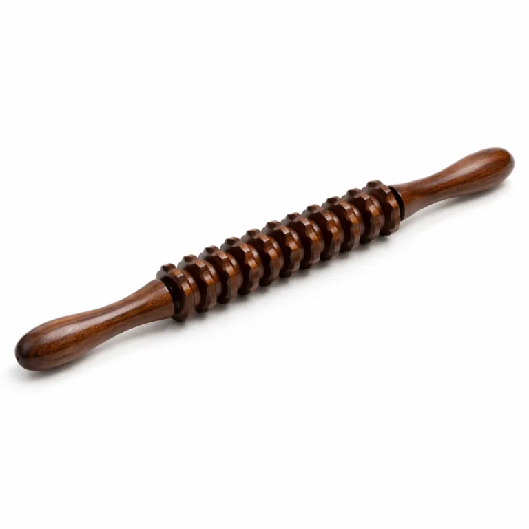 A deep tissue roller crafted from beech wood with a carbonized finish, providing a rich dark woody tone. Features ergonomic contoured handles for effective self-massage.