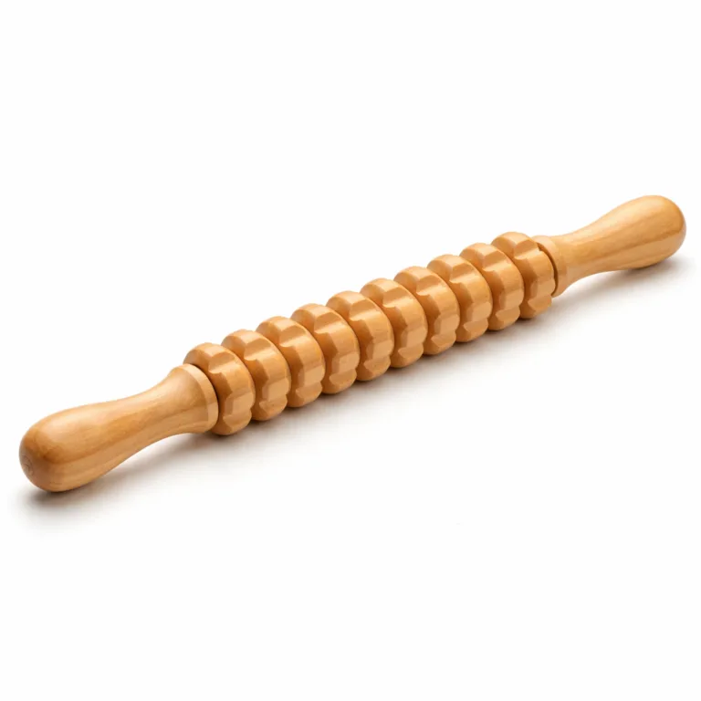 A natural finish Wooden Deep Tissue Roller crafted from beech wood, featuring contoured ergonomic handles for comfortable grip, and a smooth, clear surface perfect for deep muscle massage.