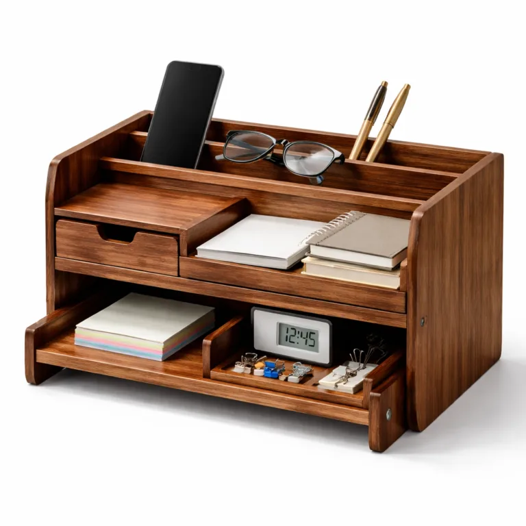 A stylish wooden desktop organizer rack made with a deep carbonized finish and modern beveled edge profile. The multi-tier structure elegantly separates storage spaces for documents and accessories, providing a warm, rich wood tone.