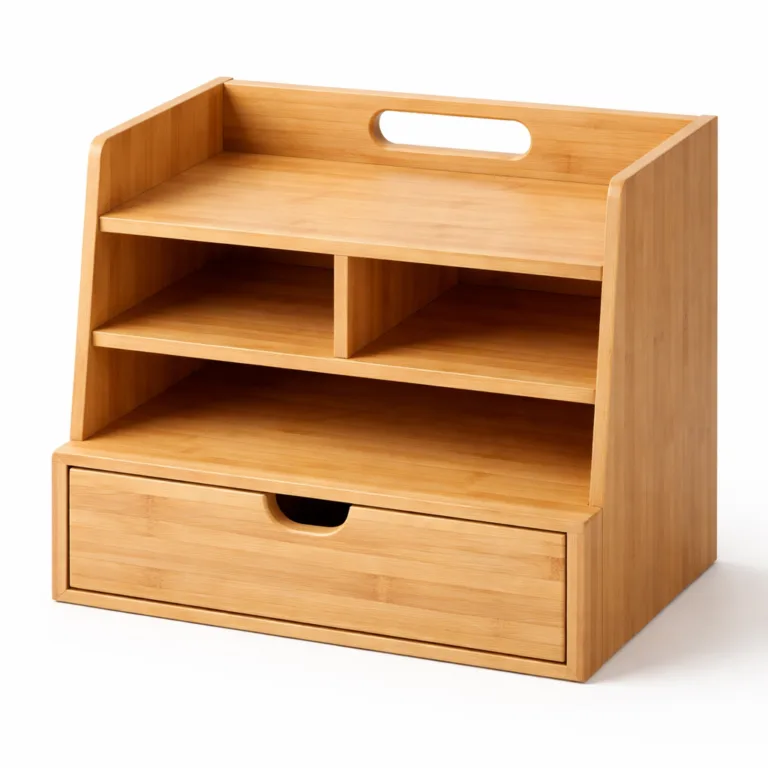 This variant of the wooden desktop organizer rack incorporates a practical handle cutout on the top tier, making it easy to move and reposition. Made from high-quality bamboo, it maintains a smooth and durable finish for everyday use.