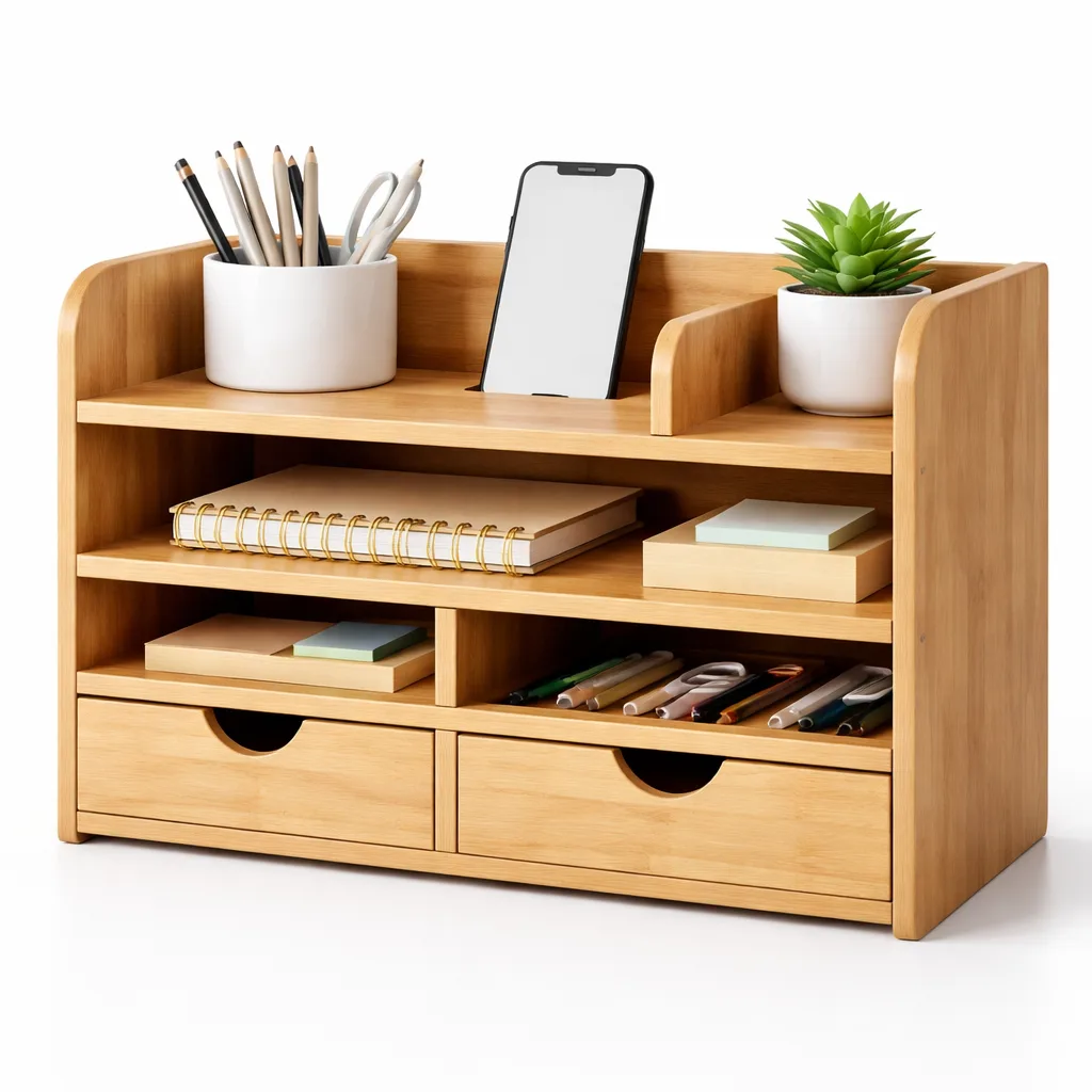 This wooden desktop organizer rack features a natural matte finish with softly rounded edges, crafted from eco-friendly bamboo. Its multi-tier design is ideal for arranging office essentials and maximizes space with a clean, minimalist look.