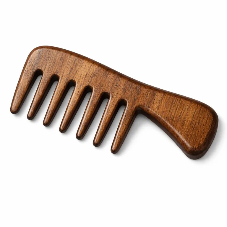 Wide-tooth wooden detangling comb crafted from carbonized beech for a deep brown tone, featuring beveled edges for a stylish, ergonomic look.