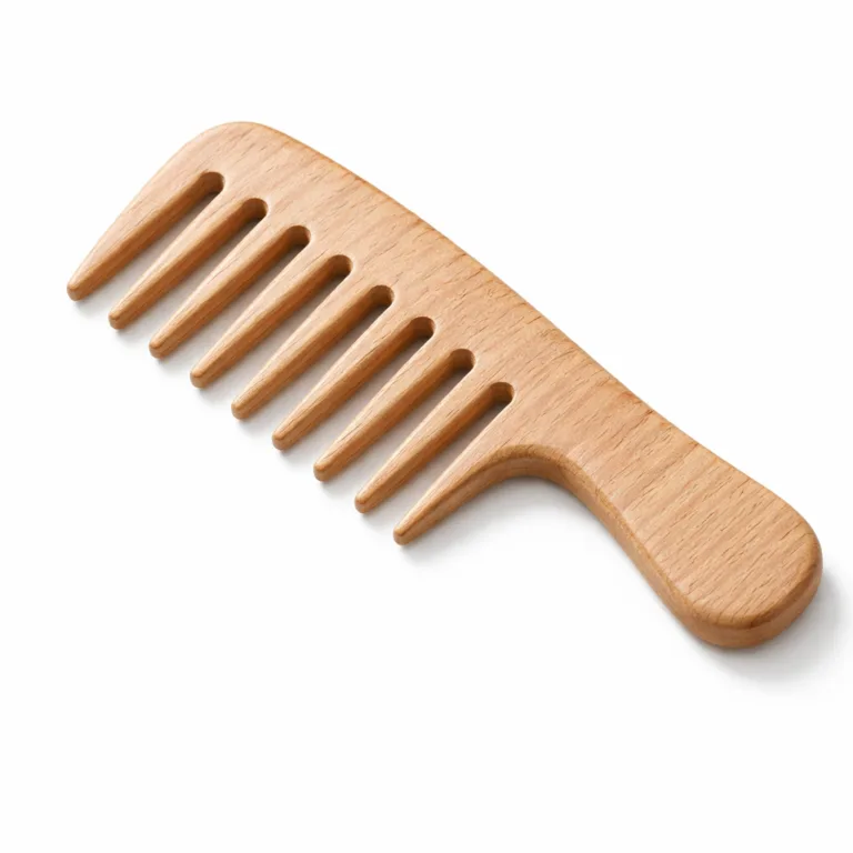 Beech wood detangling comb with a subtle matte-oiled finish and a comfortable integrated handle for easy grip, styled for main e-commerce display.