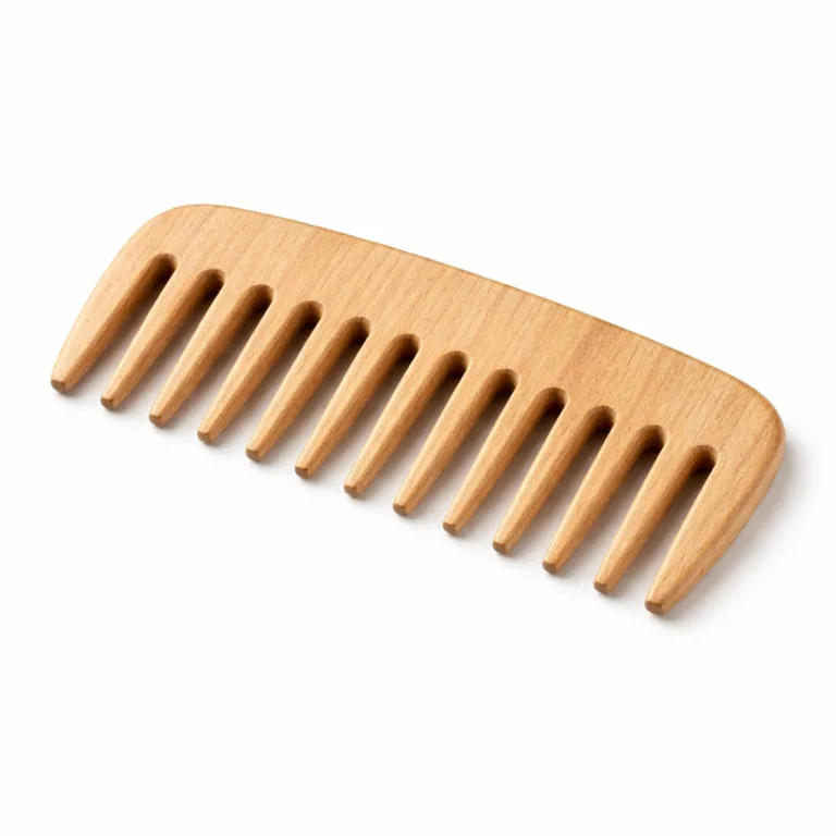 Natural beech wood wide-tooth detangling comb with smoothly rounded edges for comfortable use, studio-lit for sharp focus and vivid wood detail.