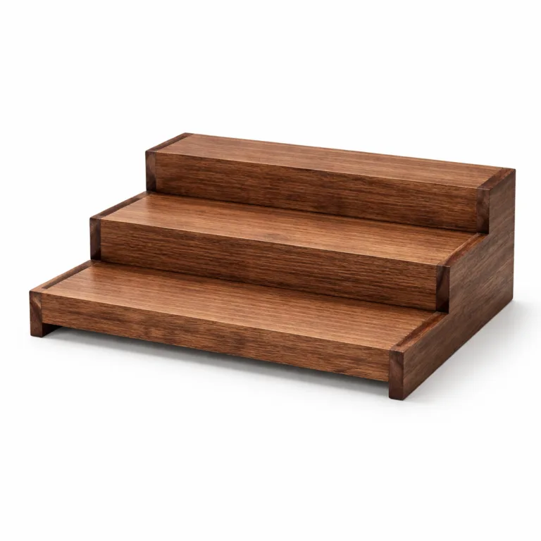 A beech wood display stand with a carbonized finish, featuring a rich dark tone and enhanced grain patterns. Rectangular tiered design provides a stylish and functional solution for product showcasing.