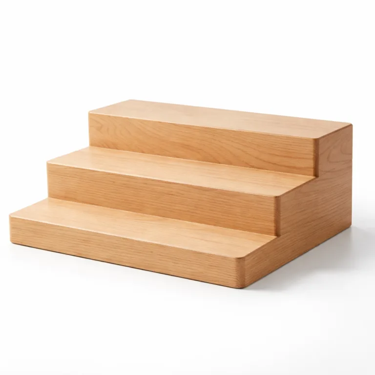Tiered display stand made from beech wood with a matte-oiled finish and softly rounded edges. The rounded profile offers added safety and aesthetic appeal for modern retail spaces.
