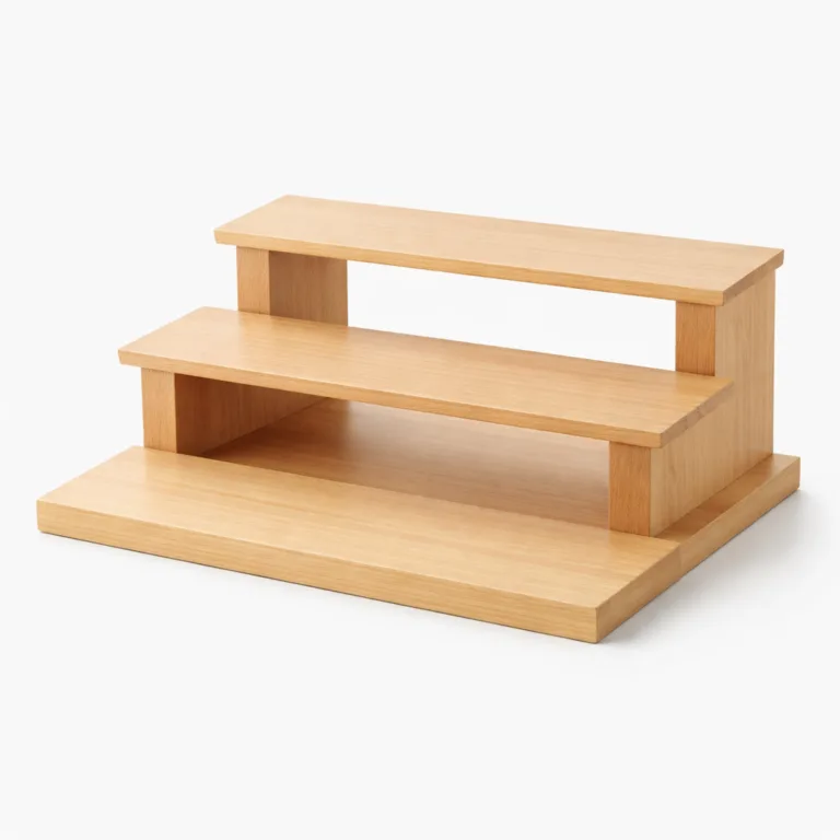 A rectangular tiered display stand crafted from beech wood in a natural finish. The design features clean lines and smooth, flat shelves for elegant product presentation, perfect for retail or countertop use.