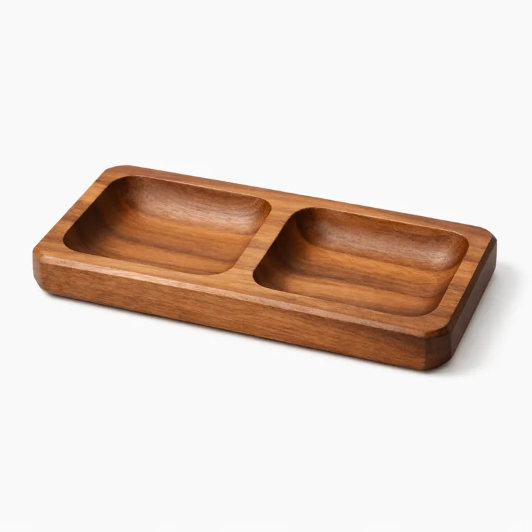 This acacia wood double soap holder offers two compartments and a matte-oiled finish. Beveled edges provide a touch of elegance, while the soft sheen gives a refined look.