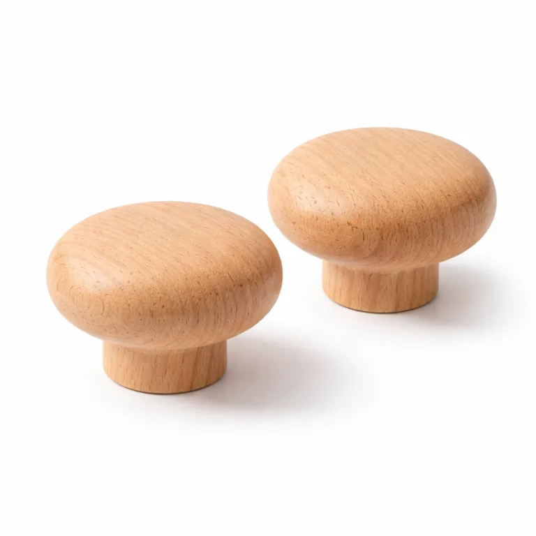 A single solid beech wood drawer pull handle in a round shape, natural finish. Showcases wood grain patterns and smooth, minimalist design, perfect for modern furniture.