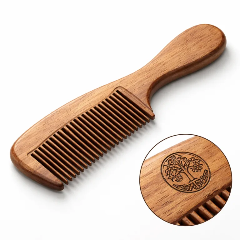 A studio photo featuring a carbonized beech or maple wood comb with a subtly engraved logo, showcasing a rich dark wood color and a precise beveled edge for a refined look.
