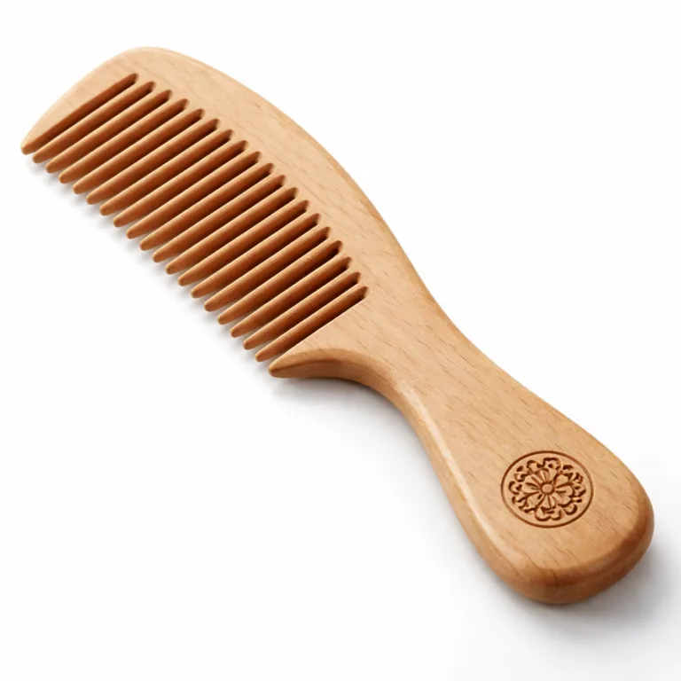 A detailed studio image of a wooden engraved logo comb crafted from beech or maple, finished with a matte oil for subtle sheen and fitted with an ergonomic handle for comfortable grip.