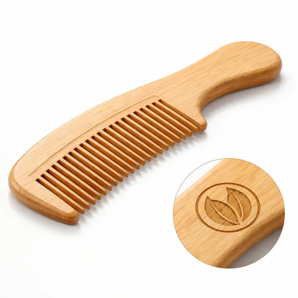 A close-up studio photo of a beech or maple wooden comb with an engraved logo, featuring a natural wood finish and smoothly rounded edges. Ideal for classic everyday use and e-commerce presentation.