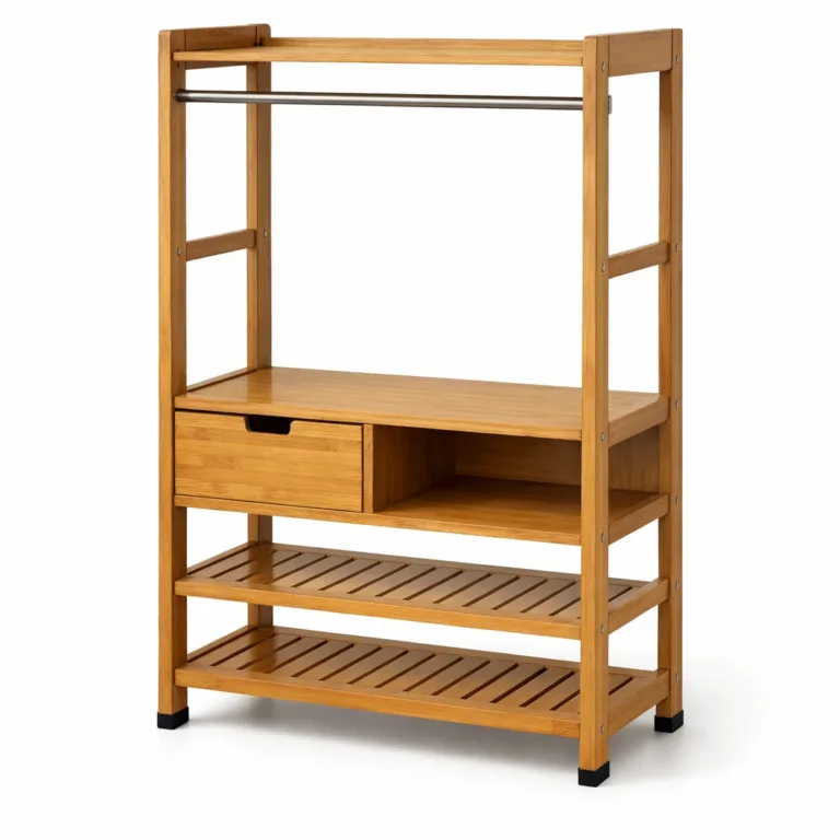 A multi-shelf bamboo entryway storage rack with a matte-oiled finish for a muted sheen. Designed for stability, it features discreet anti-slip feet, making it ideal for busy entryways with high foot traffic.