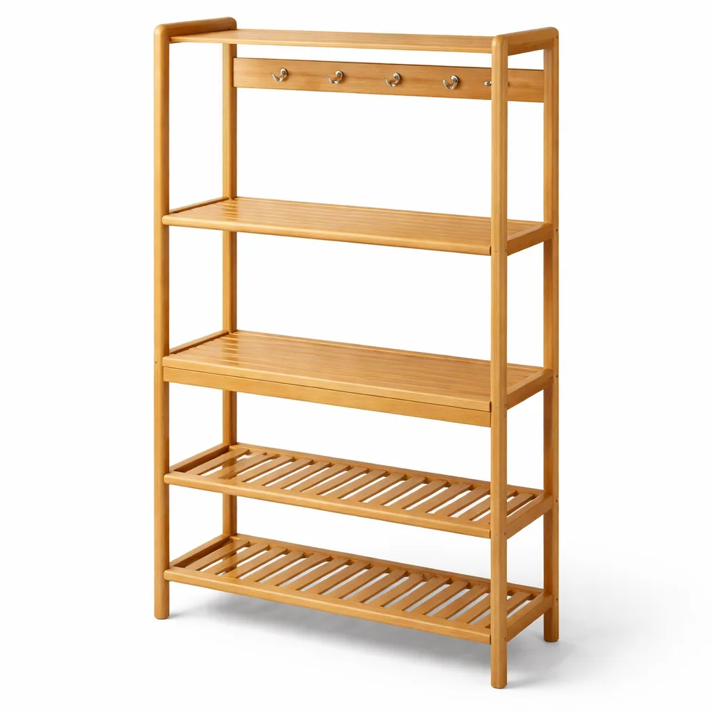 A freestanding wooden entryway storage stand crafted from natural bamboo, featuring gently rounded shelf edges for a smooth touch and classic look. The multi-shelf rectangular design enhances hallway organization while maintaining an inviting aesthetic.