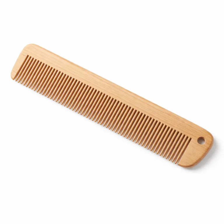 This Wooden Fine-Tooth Comb is finished with matte oil, enhancing its natural color and providing a velvety texture. A small, discreet hanging hole at one end allows for convenient storage, making it practical as well as visually appealing.
