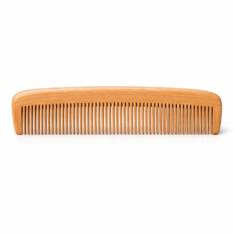 This variant showcases the Wooden Fine-Tooth Comb crafted from beech wood with a natural finish that highlights the grain. The comb features a classic straight silhouette with softly rounded edges, providing a comfortable grip while maintaining an elegant look.