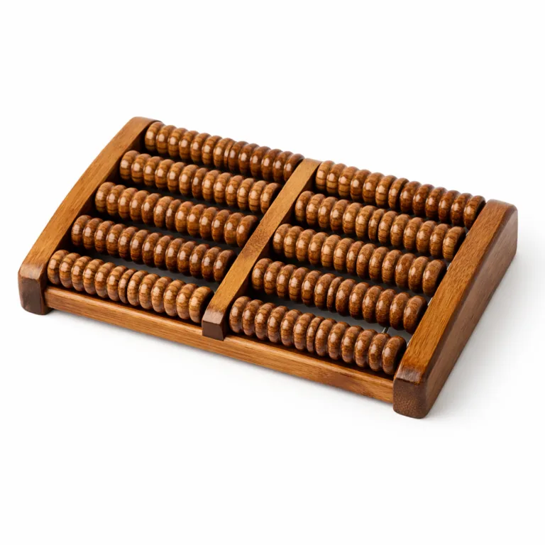 A foot roller massager made with carbonized bamboo, giving it a rich brown finish. Features a multi-row roller structure and elegantly beveled edges for a premium look and smoother grip. Photographed on a white background for product clarity.