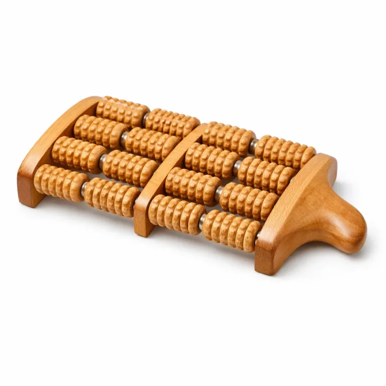 A wooden foot roller massager in natural finish, designed with an ergonomic handle on one side for easy portability and use. The multi-row roller design offers effective massage. Captured in a professional studio for a crisp product image.