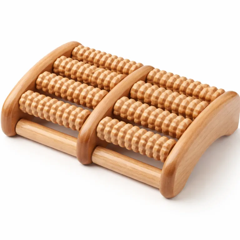 A wooden foot roller massager crafted from natural beech wood, featuring a multi-row roller design and smooth, rounded edges. Designed for relaxation and foot stimulation. Showcased in a clear studio setting with sharp, high-quality details.