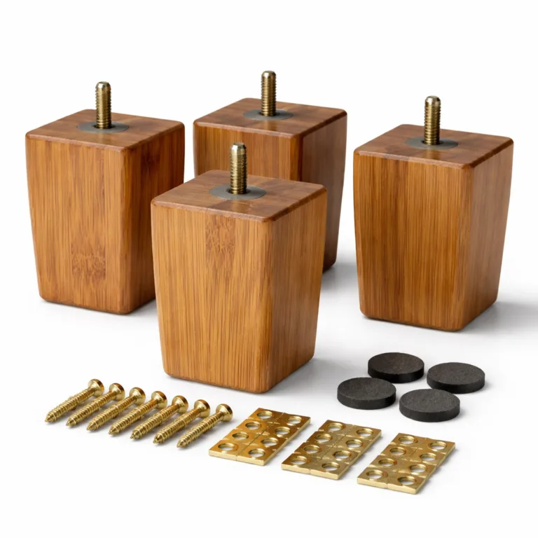 A single carbonized bamboo square furniture foot with distinct beveled edges and included mounting hardware. The darkened bamboo style adds elegance and modern appeal, presented in a crisp studio photograph.