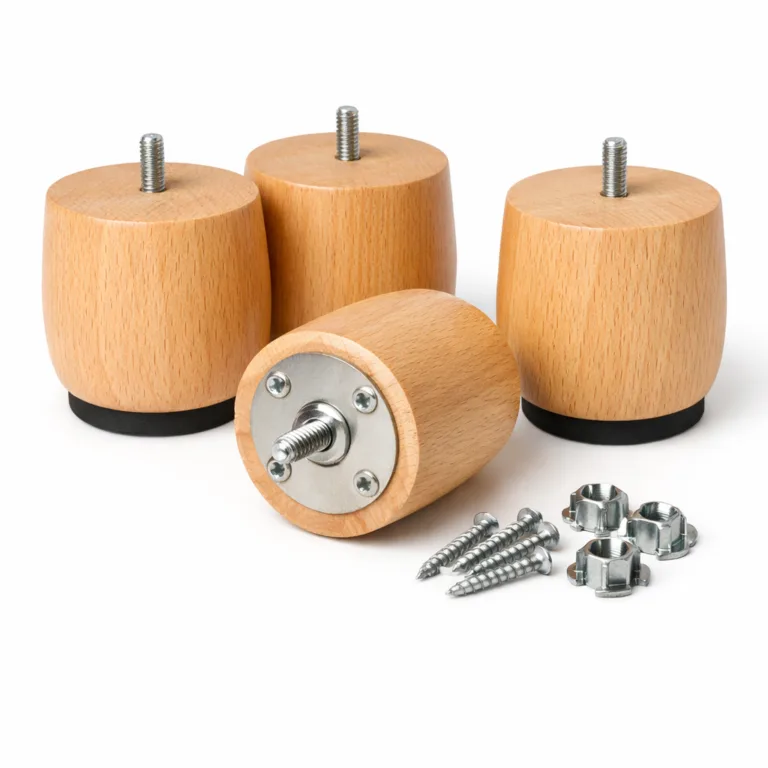 A single round beech wood furniture replacement foot with a modern matte-oiled finish, fitted with discreet anti-slip rubber pads on the bottom. Included mounting hardware is clearly visible. Photographed on a clean white background.
