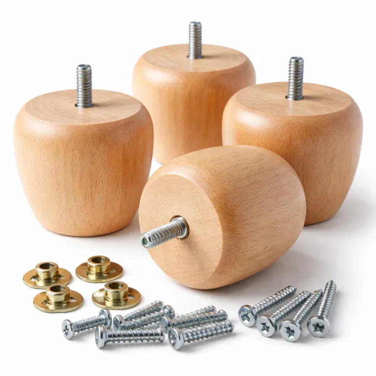 A single natural-finished, round beech wood furniture replacement foot with gently rounded edges. Precision-cut for modern furniture, includes visible mounting hardware. Captured in high realism with a white studio background, suited for e-commerce.