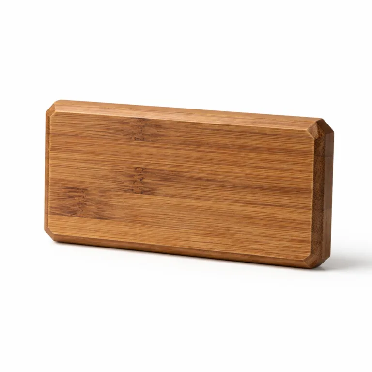 Carbonized bamboo nameplate badge, rectangular with precision beveled edges and subtle logo engraving, brings an elegant dark wood accent to furniture accessories.