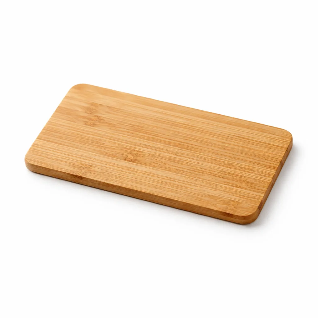 Natural bamboo nameplate badge for furniture, rectangular shape with softly rounded corners, clean logo engraving on matte finish, perfect for modern furniture labeling.