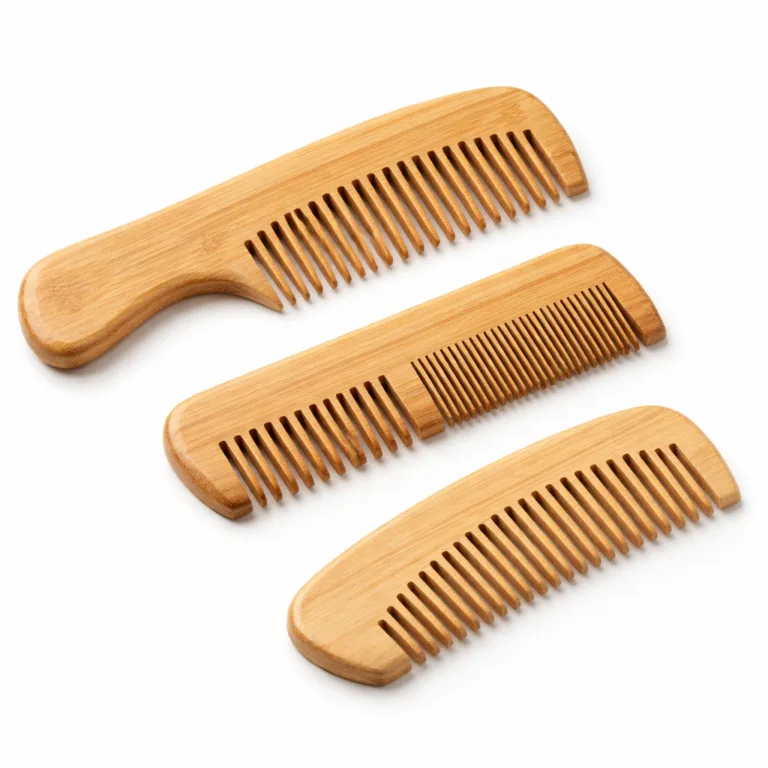 A three-piece grooming comb set made of bamboo and beech, each comb designed with thoughtful beveled edges for safe and comfortable handling. The set displays multiple tooth patterns, photographed on a pure white studio background.
