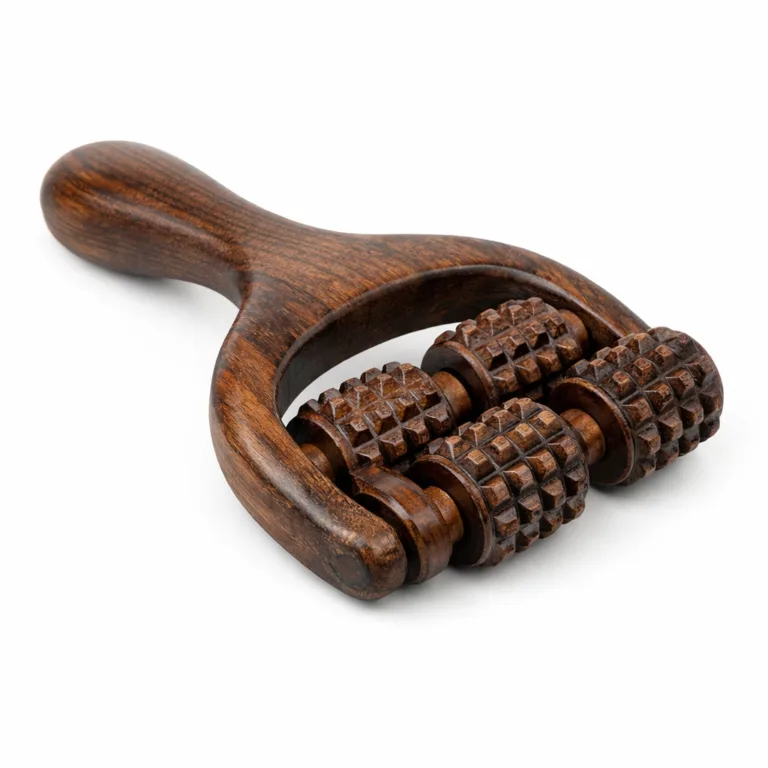 A carbonized dark-finished wooden handheld body massager, designed with ergonomic rollers and made from quality beech wood. Ideal for deep tissue massage and modern aesthetics.