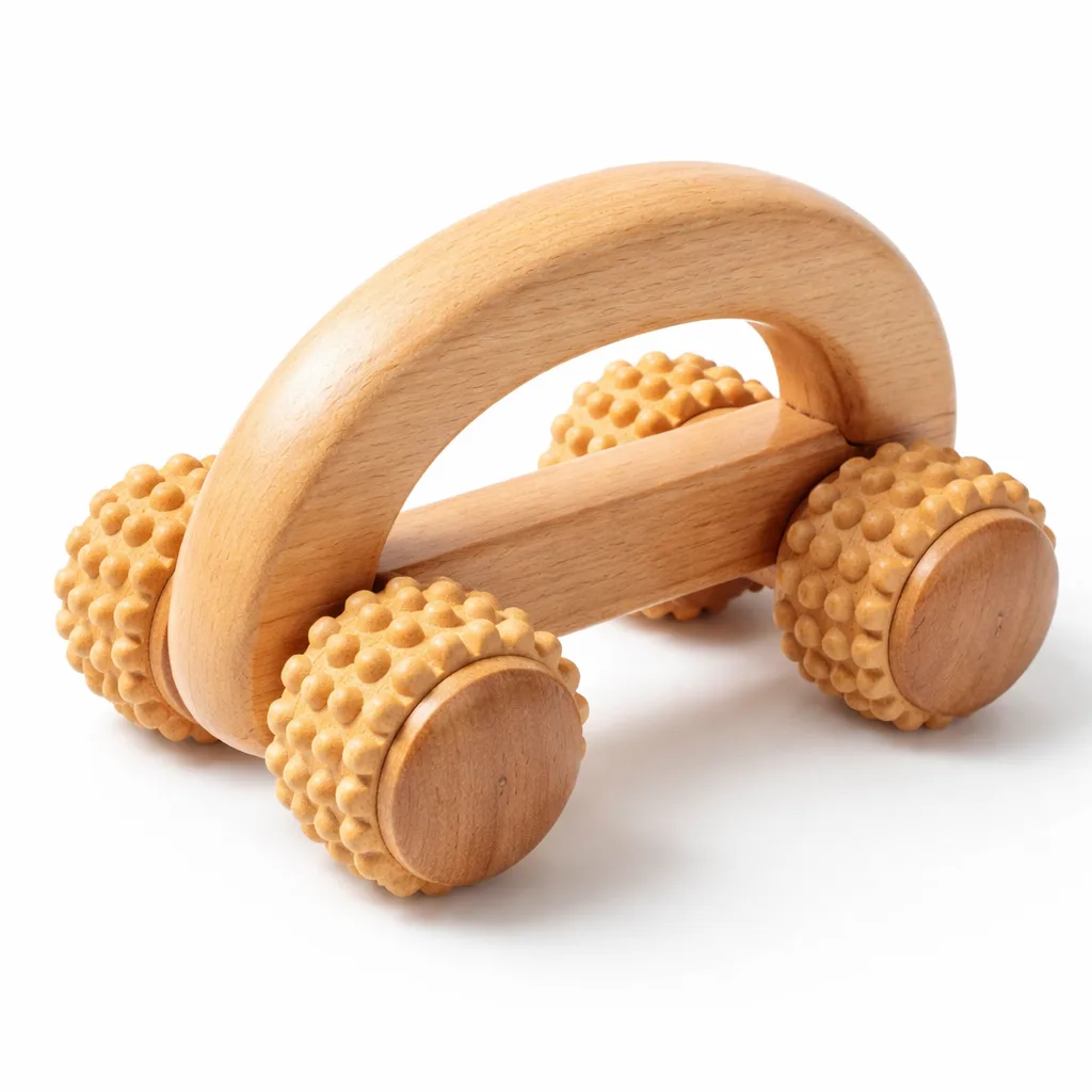 A wooden handheld body massager crafted from beech wood featuring an ergonomic roller style and a smooth natural matte finish. Perfect for everyday relaxation and muscle relief.