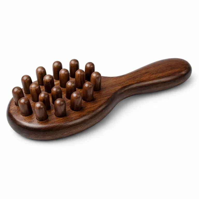 A head massage comb made from smooth beechwood, finished in a rich carbonized dark tone with beveled edges for a modern touch and enhanced durability. Well-suited for achieving a soothing massage experience.