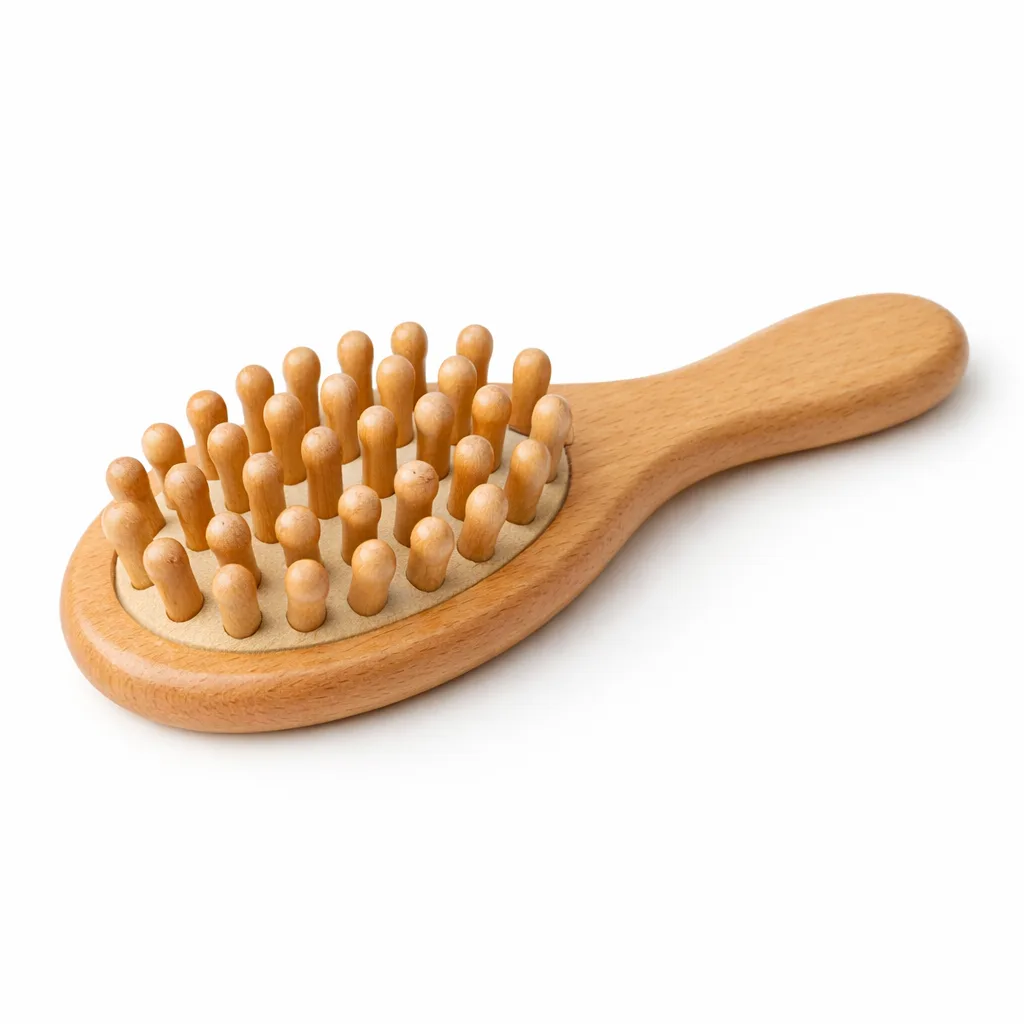 A wooden head massage comb handcrafted from smooth beechwood, featuring a natural matte finish and gently rounded edges for comfortable use. Ideal for sensitive scalps and everyday hair care.